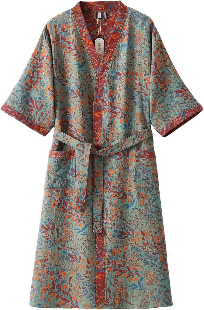ENGLUCK Store Cotton Gauze Robe for Wome Plus Size Kimono Robe Muslin Bathrobe with Belt Pocket Loungewear Yukata Sleepwear - Image 1